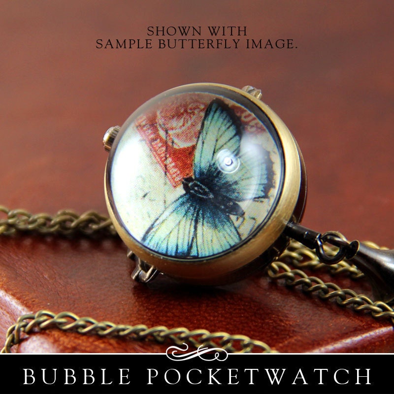 DIY Glass Bubble Pocket Watch Charm in Vintage Bronze. Chain Included. Annie Howes.