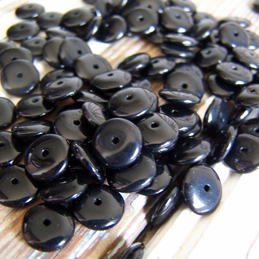 Vintage Glass Beads, black, rondelles, 12 beads