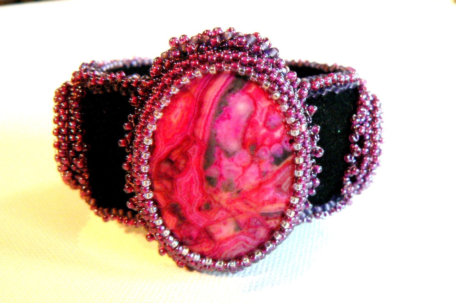 pink lace agate bead embroidered cuff bracelet