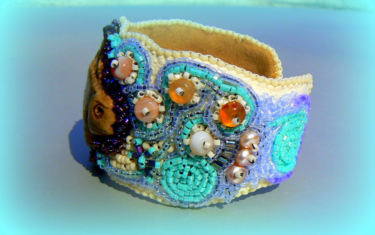 OOAK Bead Embroidered Goldfish Koi Cuff Bracelet