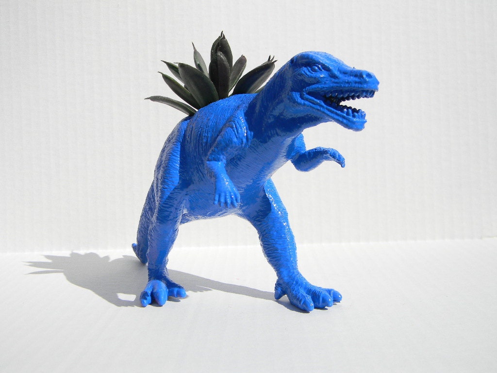 NEON Blue Dinosaur Planter for Succulent Plants Fun Office Decor