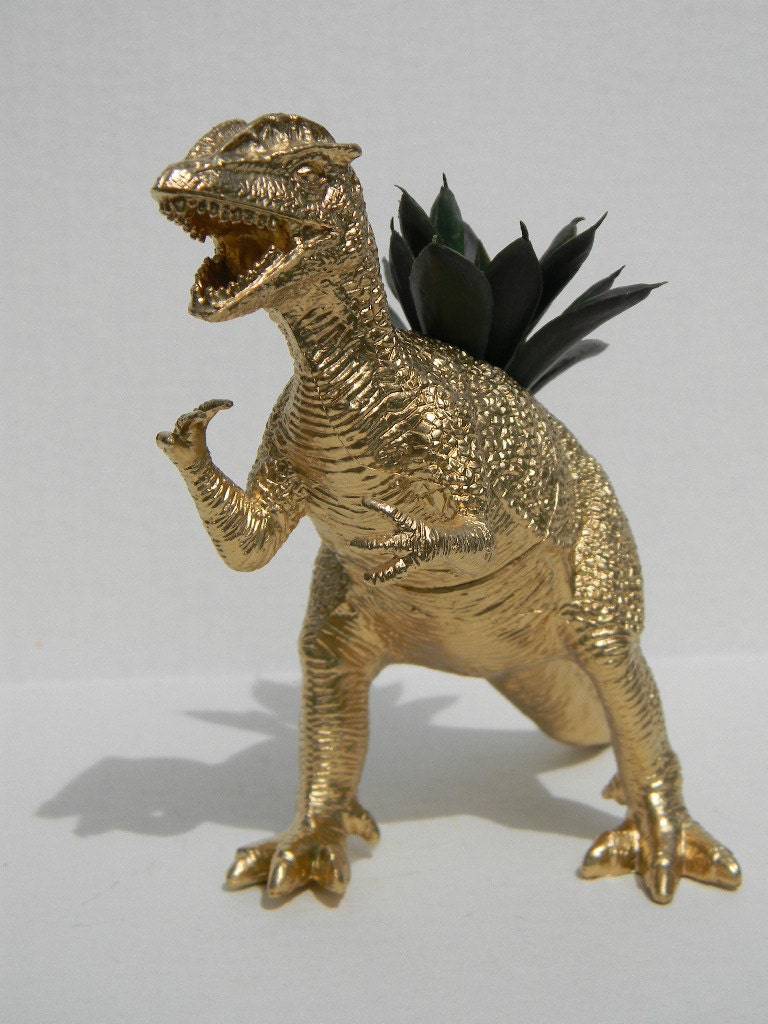Gold Dinosaur Planter for Succulent Plants Fun Office Decor