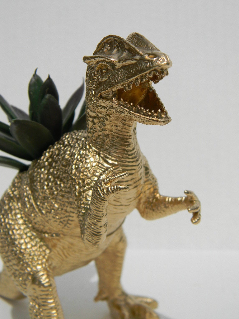 Gold Dinosaur Planter for Succulent Plants Fun Office Decor