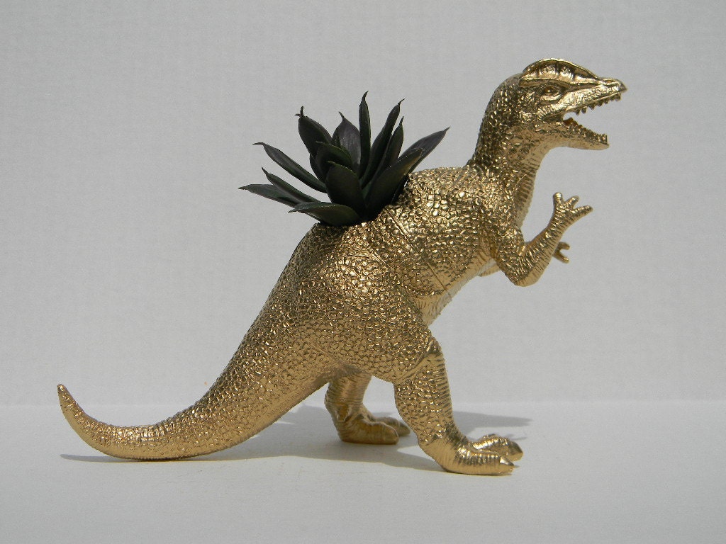 Gold Dinosaur Planter for Succulent Plants Fun Office Decor