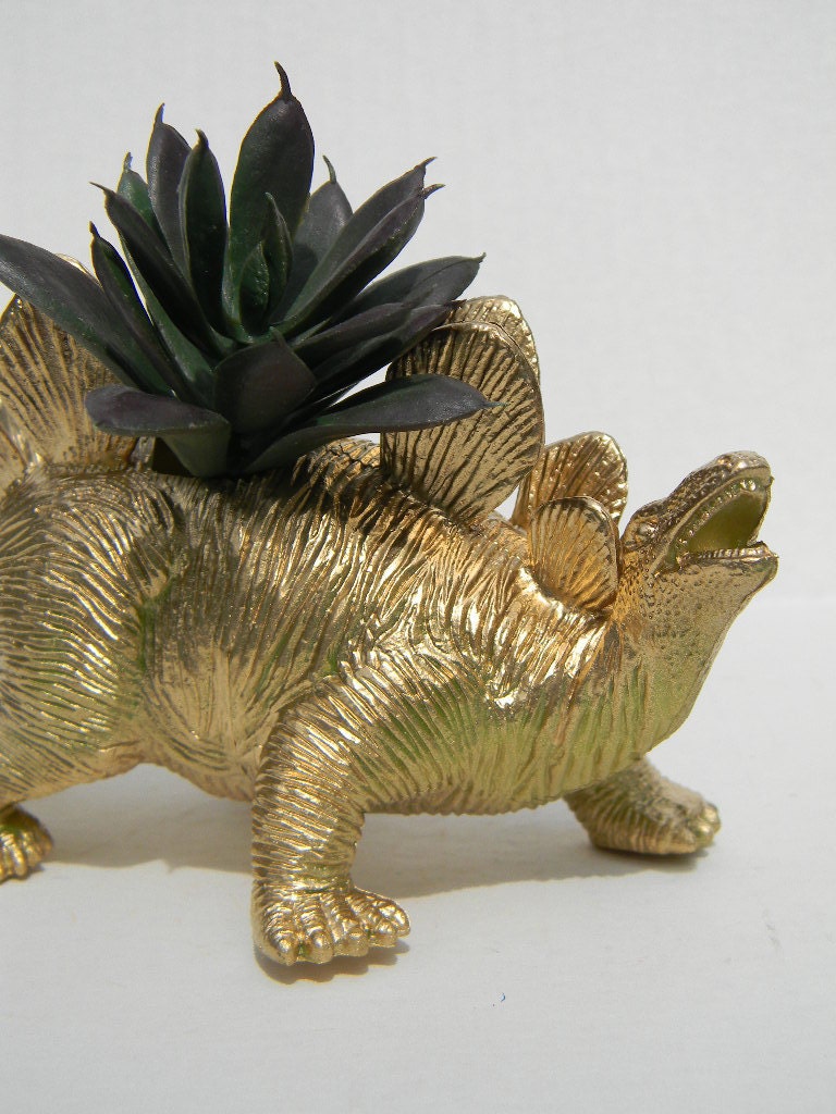 Gold Dinosaur Planter for Succulent Plants Fun Office Decor