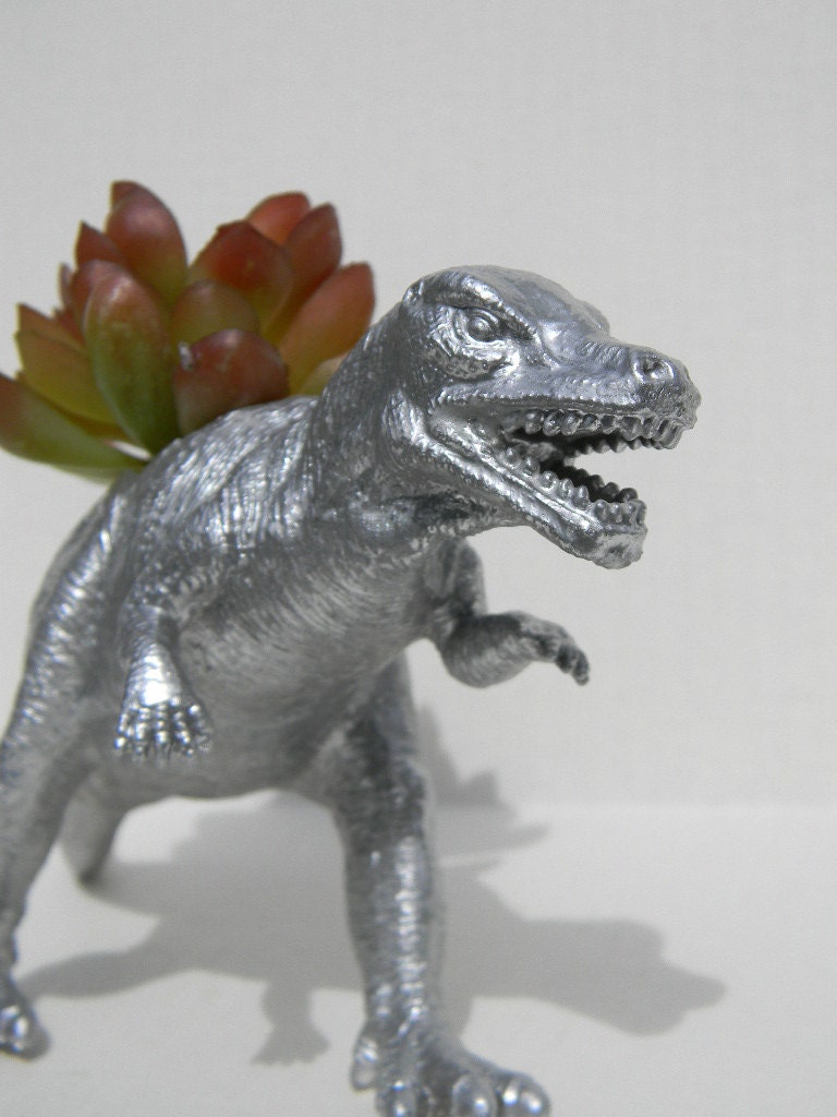 Silver Dinosaur Planter for Succulent Plants Fun Office Decor