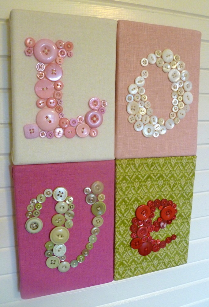 Nursery Button Letter Art Wall Hanging L-O-V-E -- 10"x14" -- Your Choice Fabrics to Match Baby's Nursery -- by Letter Perfect Designs