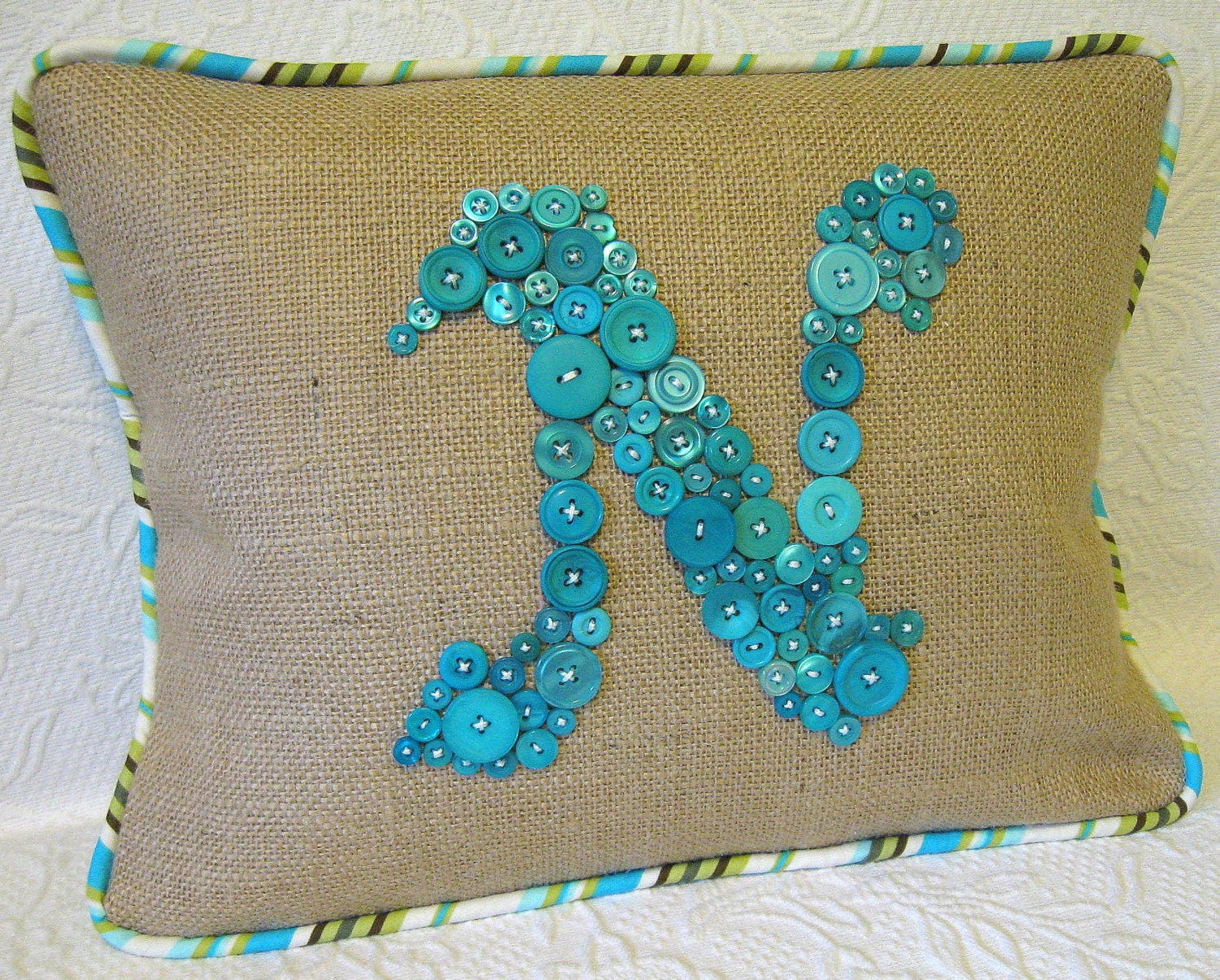 NEW PRICE -- Personalized Pillow Button Letter 'N' -- Ocean Blue Buttons on Burlap -- 12"x16" -- by Letter Perfect Designs