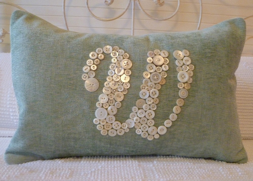 Blue Chenille Letter 'W' Pillow Monogrammed in Vintage Buttons -- by Letter Perfect Designs on Etsy