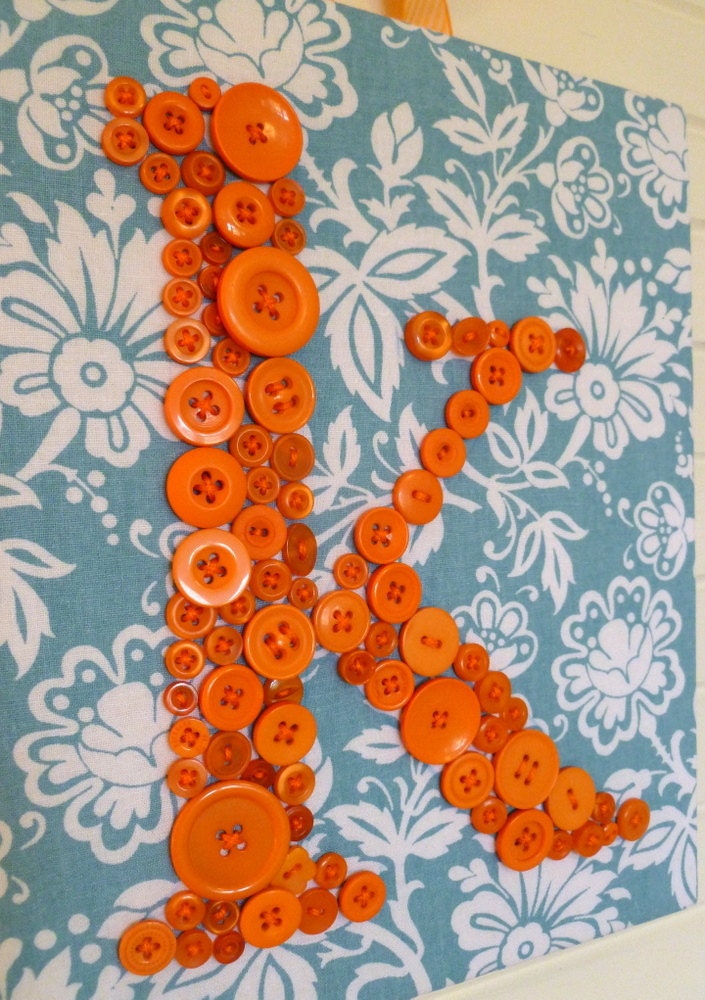 Button Letter Wall Art -- Orange Monogram on Turquoise -- 8"x10" -- by Letter Perfect Designs