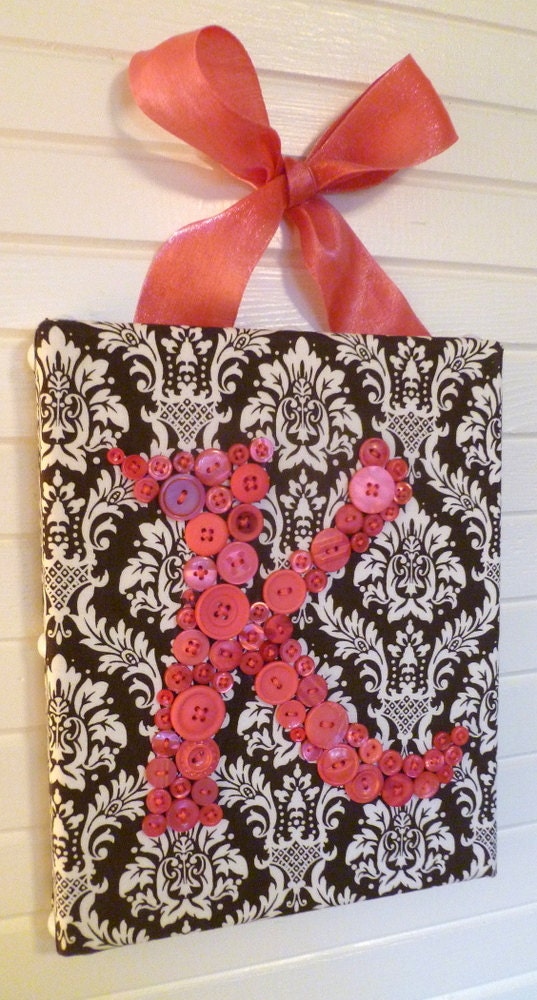 Nursery Button Letter Wall Art, Personalized Baby Girl Nursery Letters on Canvas, Hot Pink and Chocolate Brown, Shower Gift