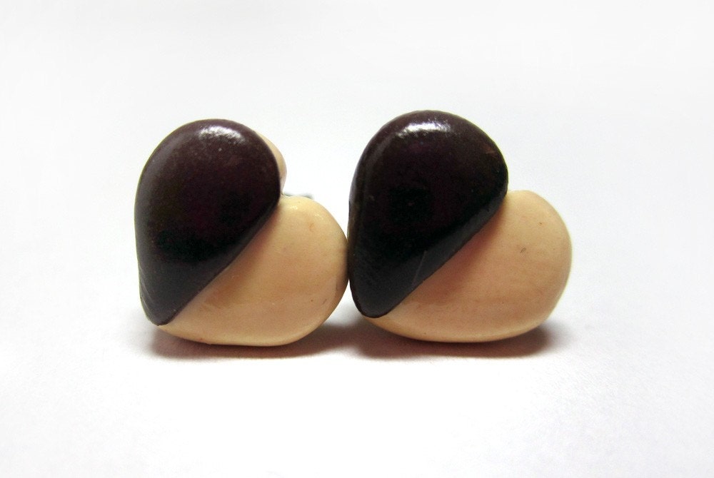 Heart Shaped Black and White Cookie Post Earrings