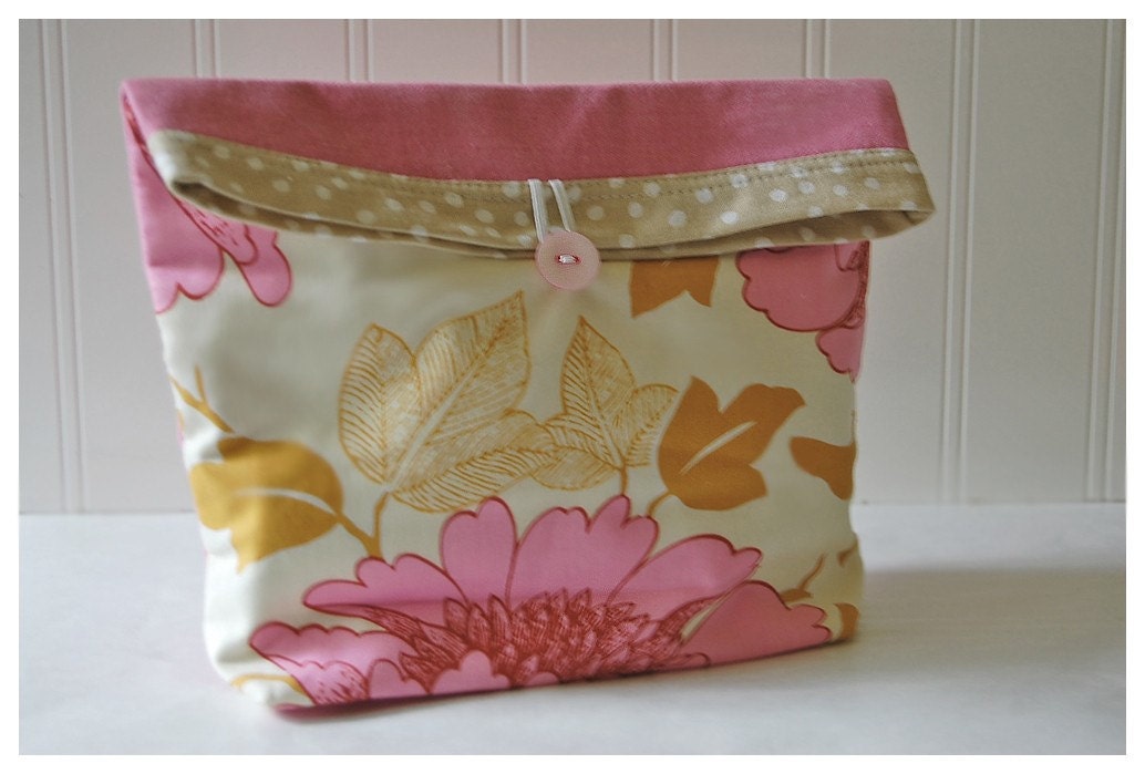 Vintage Pink Denim and Amy Butler Lotus Tree Peony Handmade Large Pouch Clutch Flat Bottom Padded Kindle Make Up Travel Gadget Bag