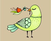Nursery wall art - Baby room decor - Bird print- Pomegranate branch - chartreuse green