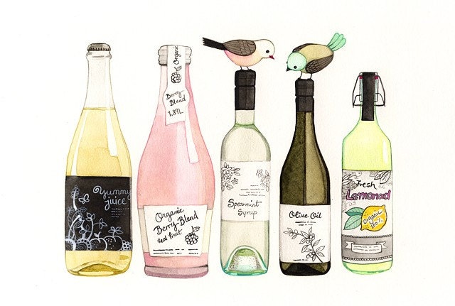 Art for kitchen - Print of a Watercolor painting, Kitchen birdies