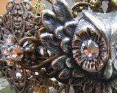 Await the Night, Owl Cuff Bracelet, Brass Crystal and Silver Plate