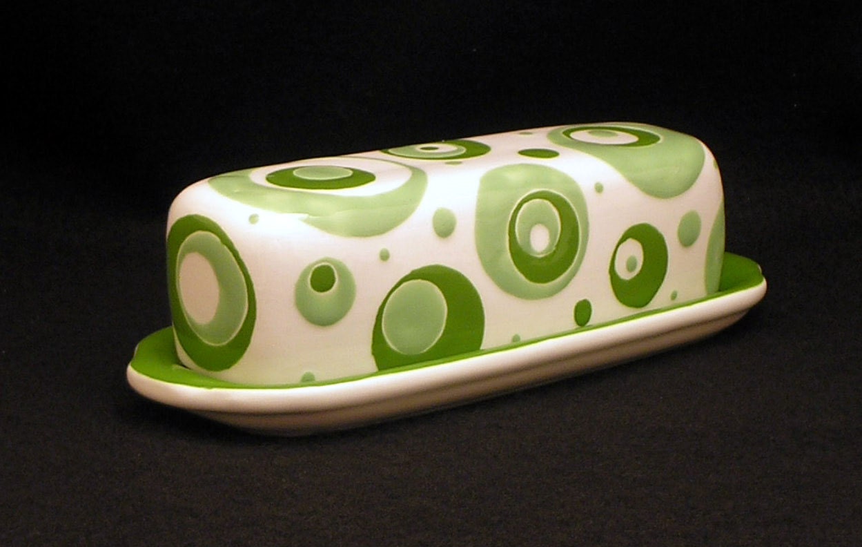 Butter Dish.Green and Light Green Butter Dish. Green. Circle. Dot. Light Green. Butter. Dish. Tray. Handmade by Sara Hunter Designs.