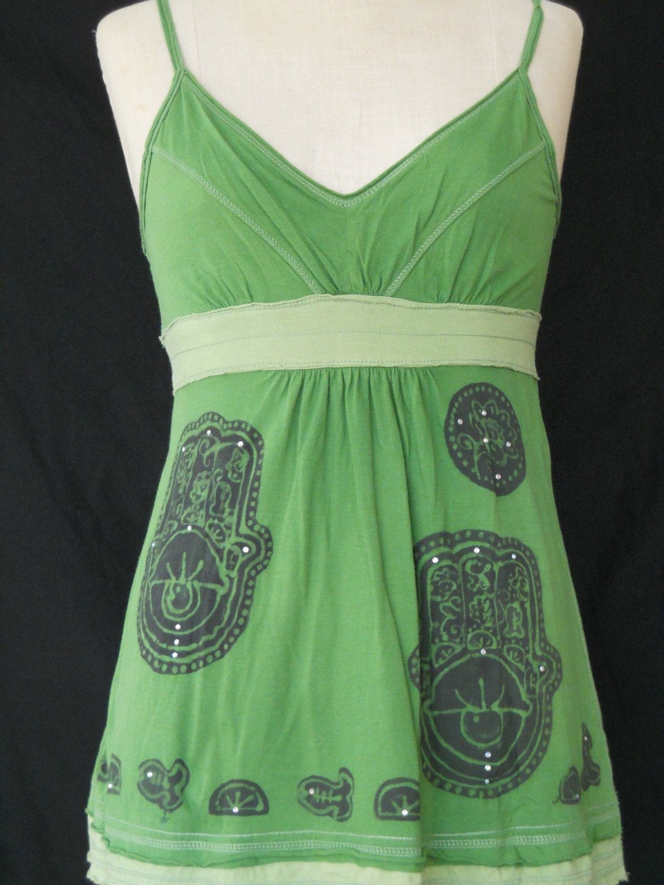Hamsa Batik Eco friendly top lace Hand painted women green Sz. S, M - Ready to ship -