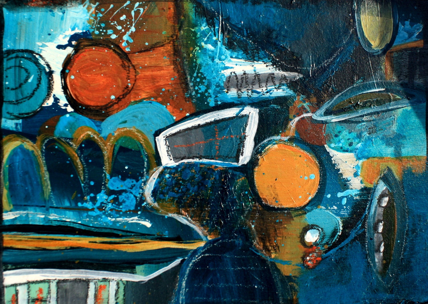 Circle Abstract 1018  Tribal looking  small work of art Acrylic Painting by Jodi Ohl in teal sienna, cream, turquoise, green