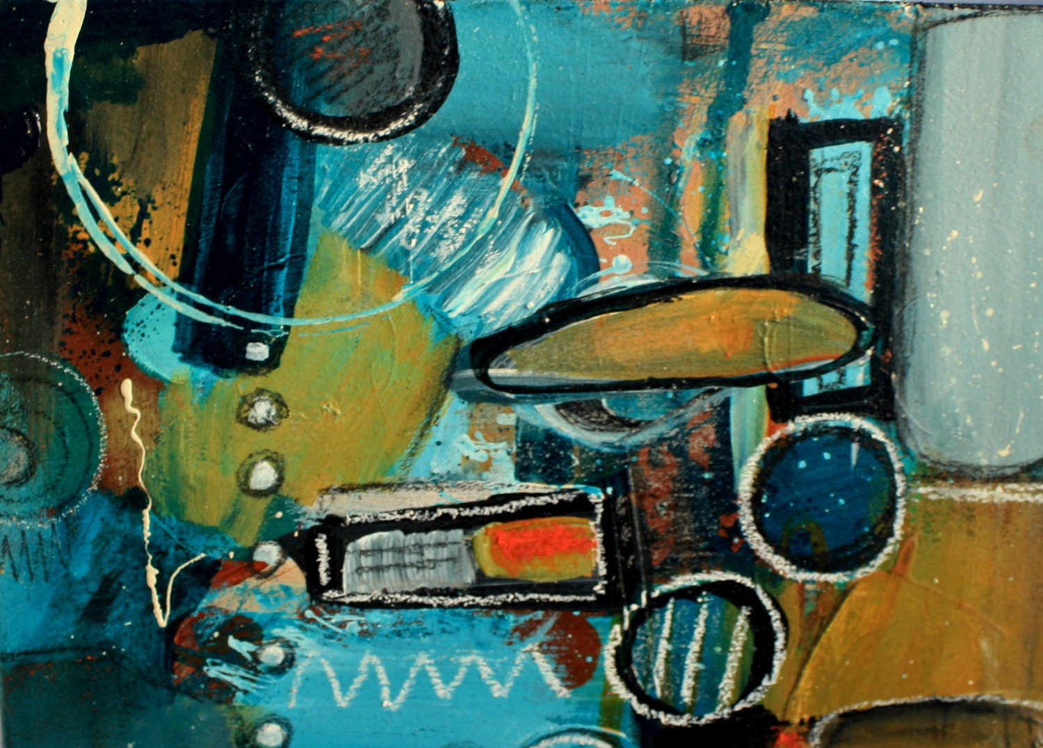 Circle Abstract 1016 Tribal looking  small work of art Acrylic Painting by Jodi Ohl in teal sienna, cream, turquoise, green