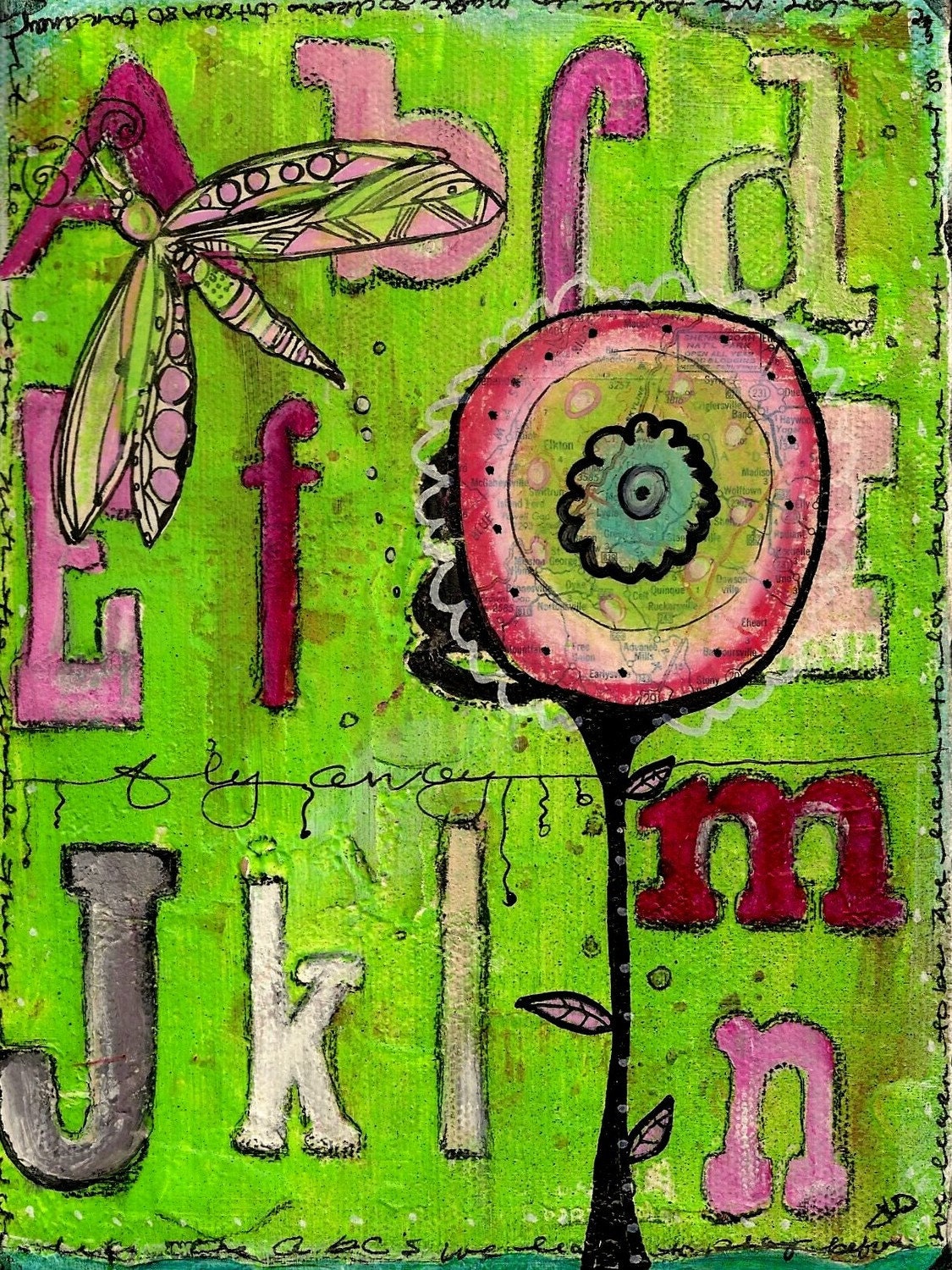 Deal of the Day save 10 dollars Fly Away 6 x 8 Lime Green and Magenta Alphabet  Original Mixed Media Art by Jodi Ohl