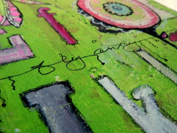 Deal of the Day save 10 dollars Fly Away 6 x 8 Lime Green and Magenta Alphabet  Original Mixed Media Art by Jodi Ohl