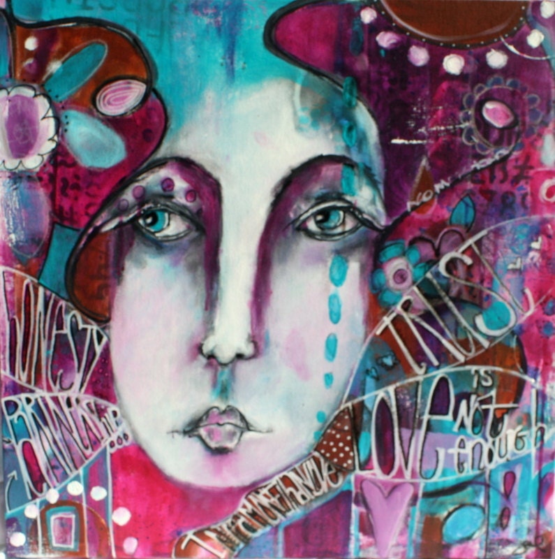 Love is Not Enough  Funky Face Abstract Graffiti Like portrait in magenta, teal, purple, white and black by Jodi Ohl