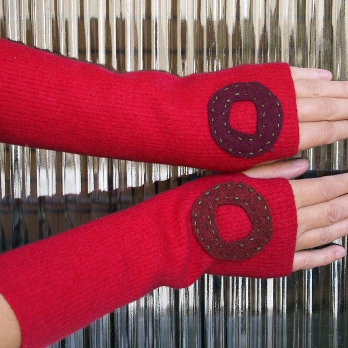 Fingerless Gloves Arm Warmers Upcycled Felted Sweater- Red Rib with Donuts