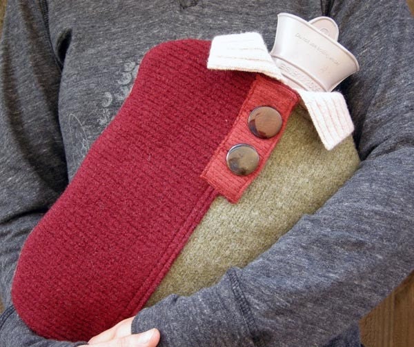 Upcycled Sweater Hot Water Bottle Cover - Burgundy, Green and Cream