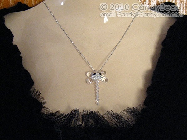 White AB Swarovski Crystals Dragonfly Pendant Necklace
