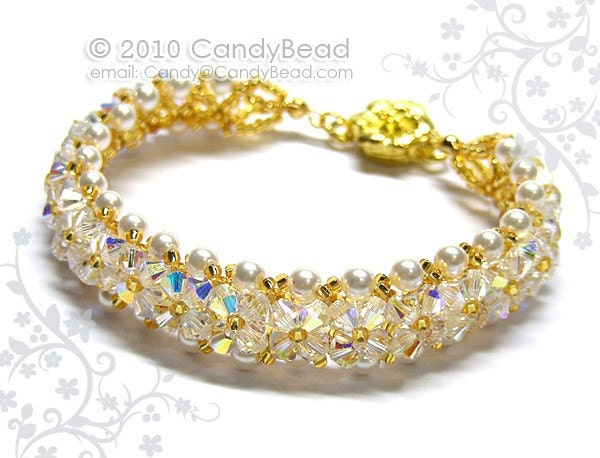 Luxurious White AB Swarovski Crystal and White Swarovski Pearl Bracelet with Floral Magnetic clasp by CandyBead