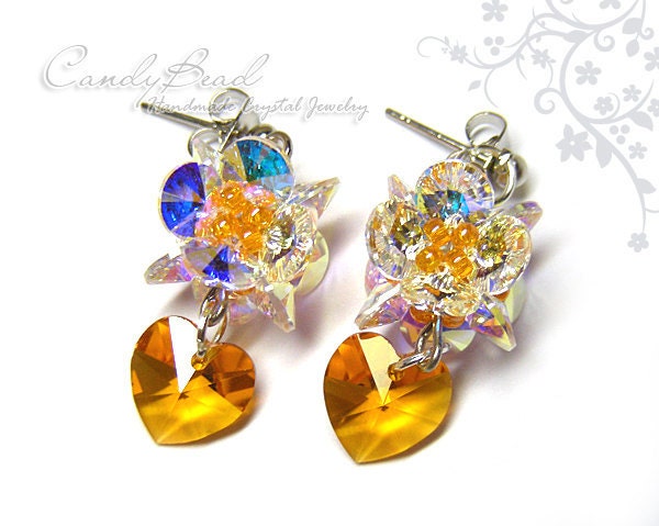 Swarovski Crystal Earrings - Orange Flowers and heart --very charming (E016-08)