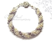 Soft Cream and Gray Twisty Swarovski Pearl Bracelet with Flower Magnetic Clasp by CandyBead