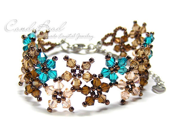 Crystal Bracelet, Sweet Brown and Teal Multiflora Swarovski Crystals Bracelet by CandyBead