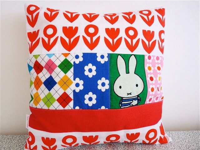 Vintage retro juvenile 70s Miffy fabric pillow cushion blue top
