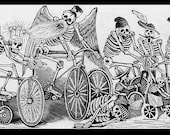 Mature Death Newspaper Boys Bicycle Posada Day of Dead Skull Skeleton La Calavera Giclée Art Sew on 5 x 4in Twill Patch FREE S/h MBG