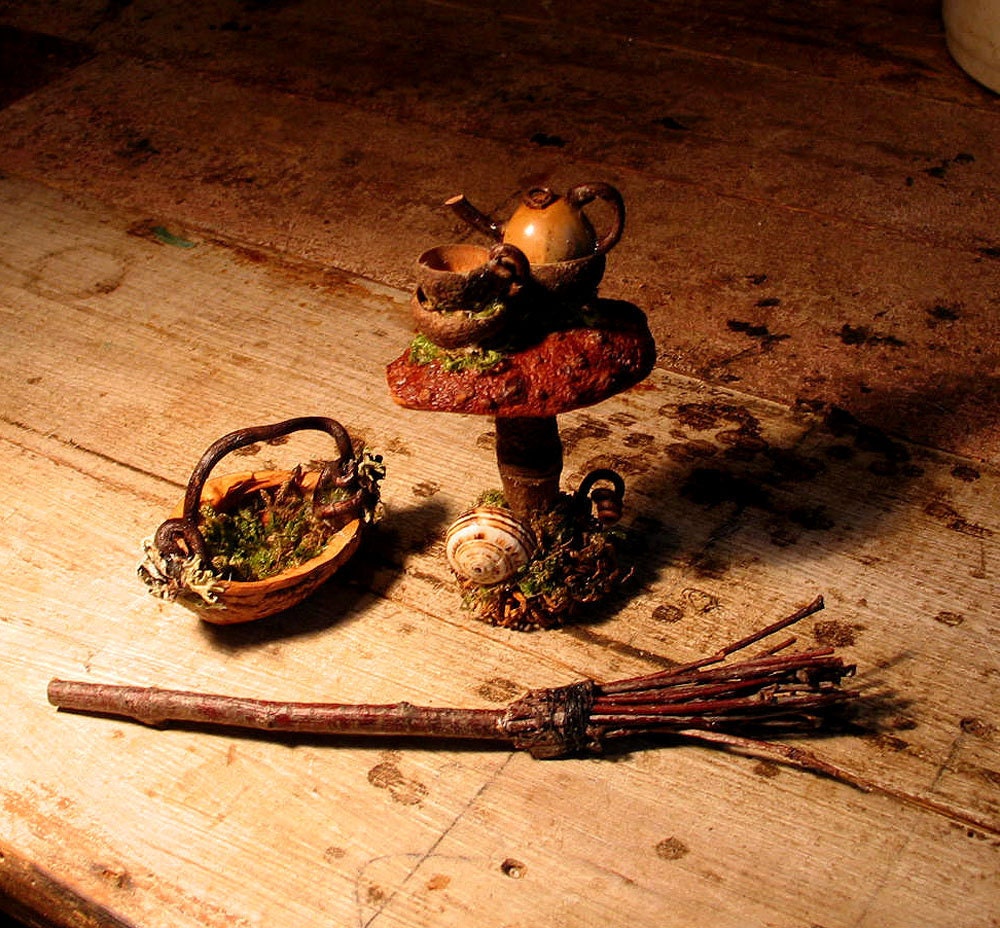 Fae Mushroom Tea Table, Broom and Basket