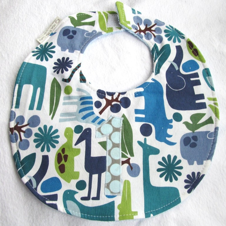 Baby Boy Bib Happy 1st Birthday - 2D Zoo in Blue with slate dot applique - Boutique Bib with terry cloth backing