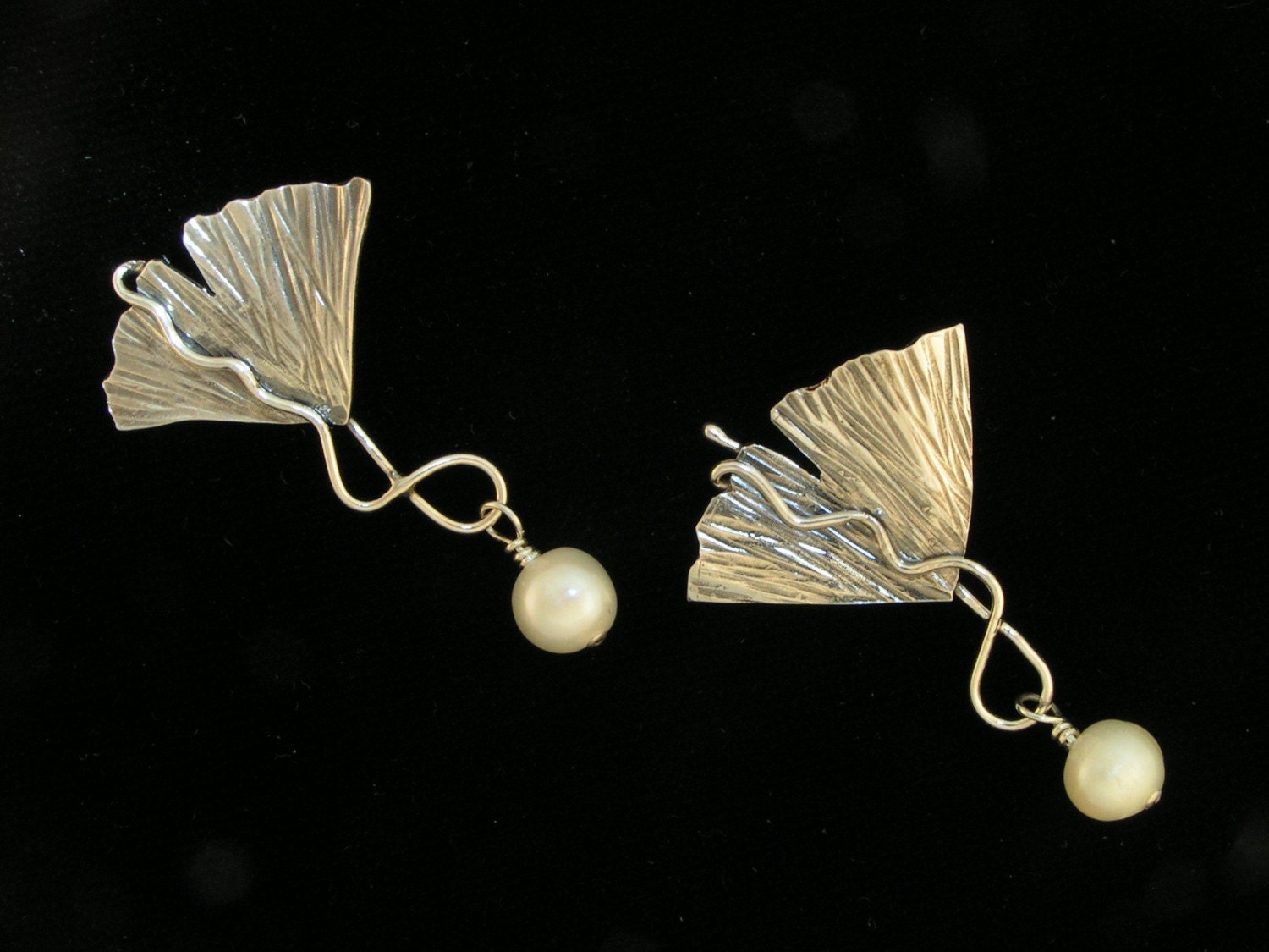 Everlasting Ginkgo Pearl Post Earrings, Sterling Silver, Handmade