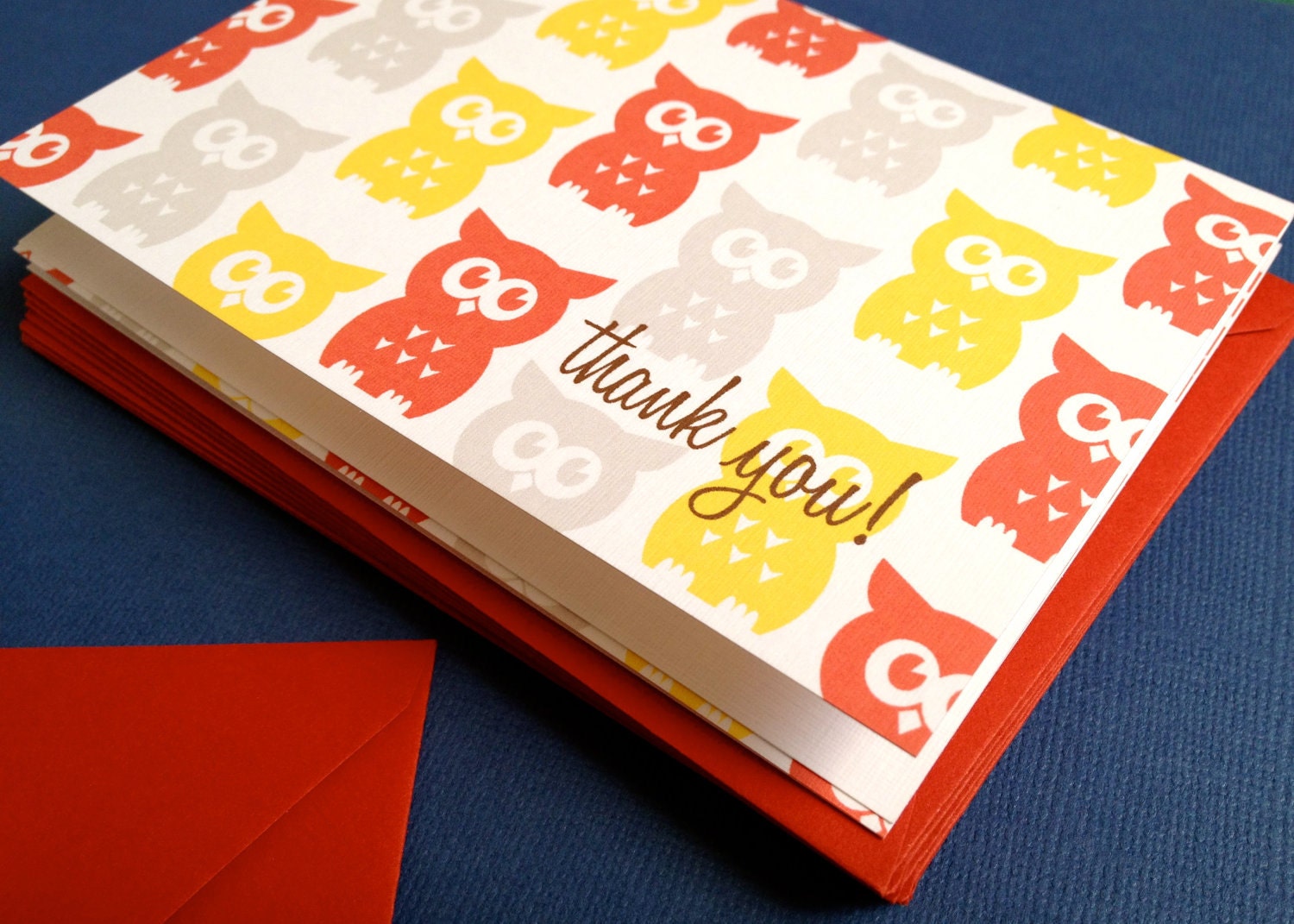 Owls thank you cards in orange, set of 6