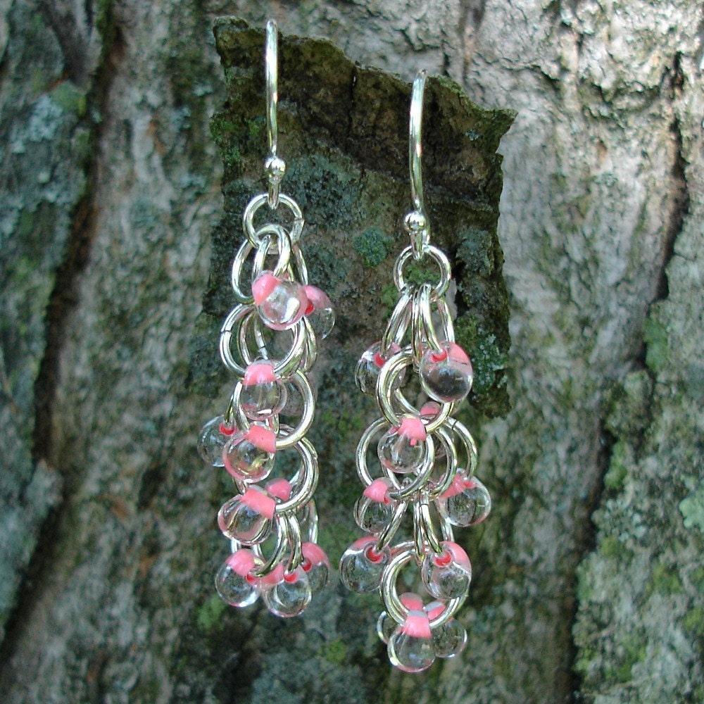 Shaggy Loop Chainmaille Earrings -- Bubble Gum Pink Teardrop Beads