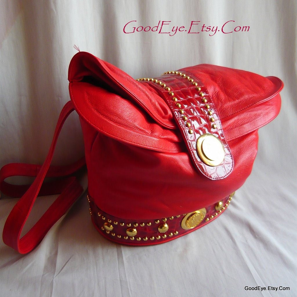 Red NAILHEAD Hobo Purse Leather Cross Body Shoulder Bag  Studded Large USA 80s