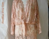 Vintage Sheer Lace Dress size 8 10 12 Peach Cocktail 80s Tea Length
