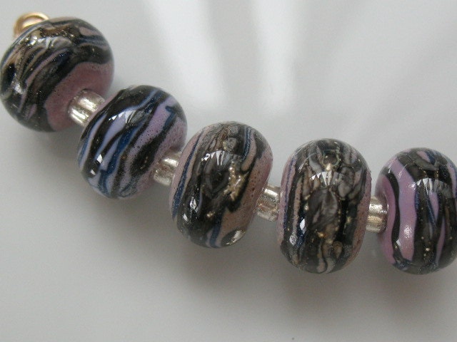 Five handmade lampwork beads-Purple with blue stone and silvered ivory SRA