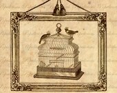 Vintage Bird Cage with 2 Crowned Birds Framed Collage Sheet Transfer for Paper Crafts, Pillow, Tea towels and more