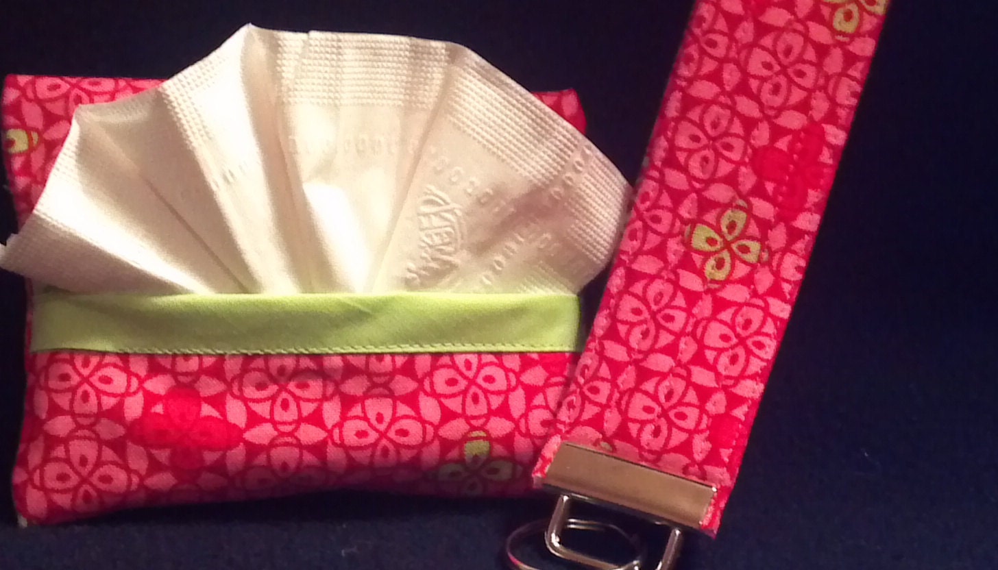 Key fob and tissue cozy / pink and green abstract