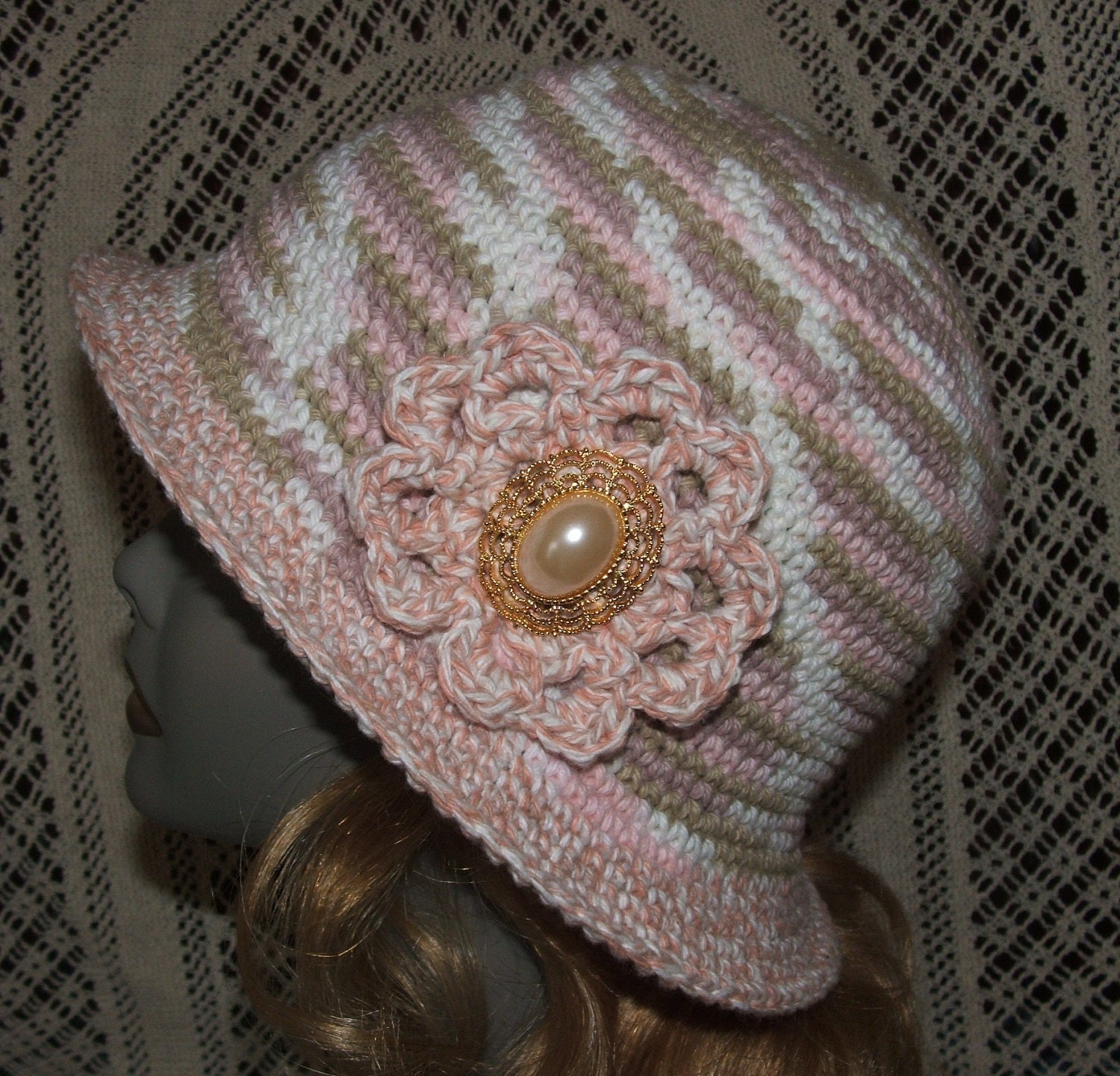 Womens Crocheted Cotton Hat in Pink and Taupe with Vintage Broach