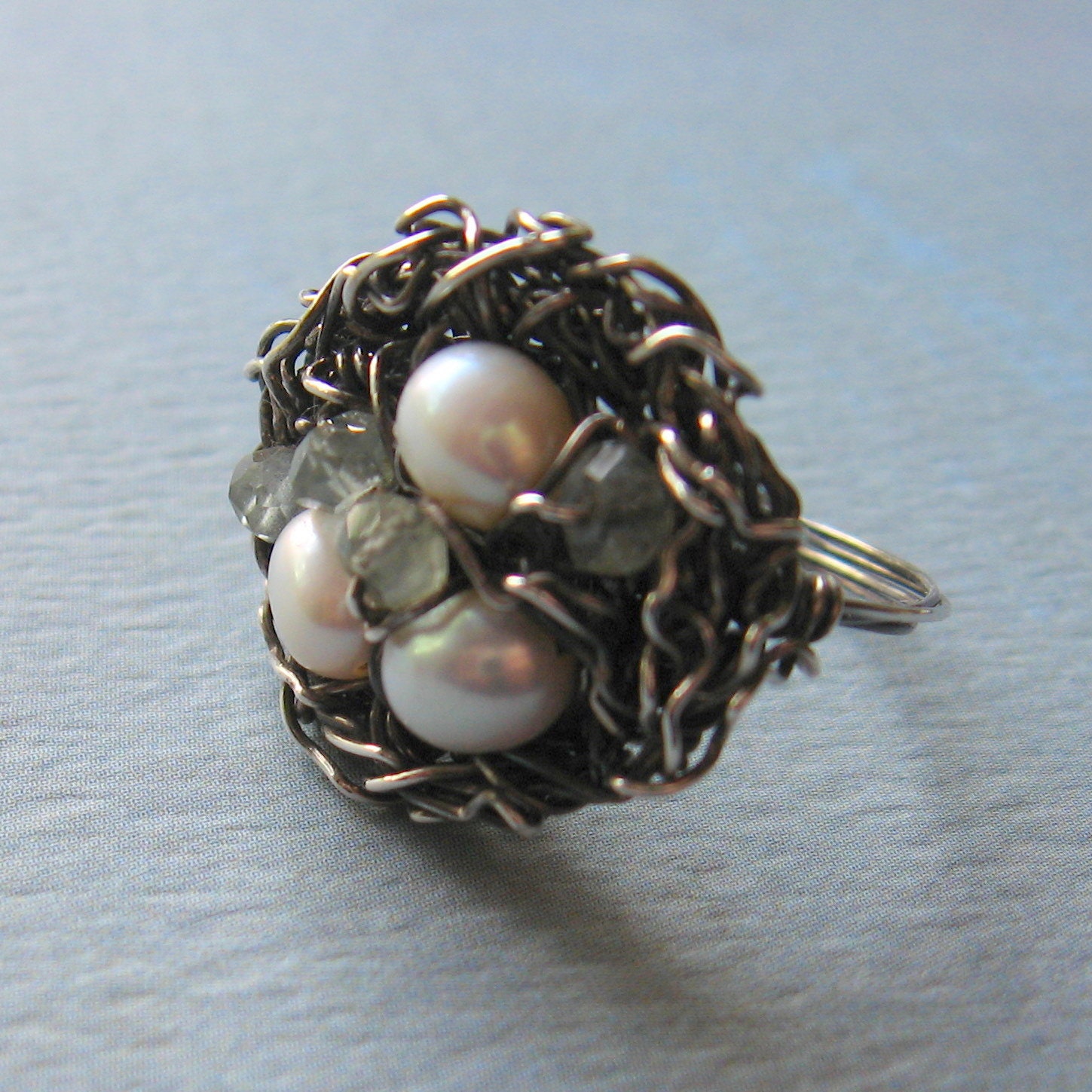 Bird Nest Ring Oxidized Sterling Silver Freshwater Pearls Aquamarine