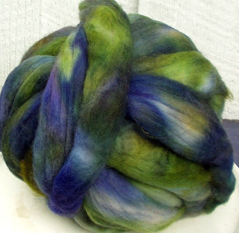 Wool Corriedale Roving in Purples and Greens hand dyed for spinning and felting fun, 8 oz.