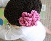 Crochet Pattern for Chocolate Brown Baby Hat with Pink Accent Flower (11)